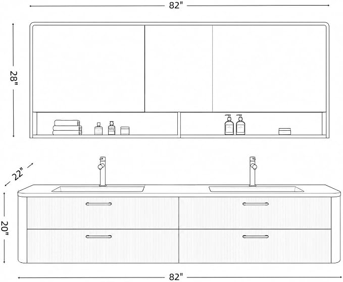 82 in Double Bathroom Vanity with Sinks - Modern Floating Bathroom Vanity with Solid Wood Cabinet, Anti-Fog Mirror and Integrated Stone Sinks | Wall Mounted Design | Ample Storage