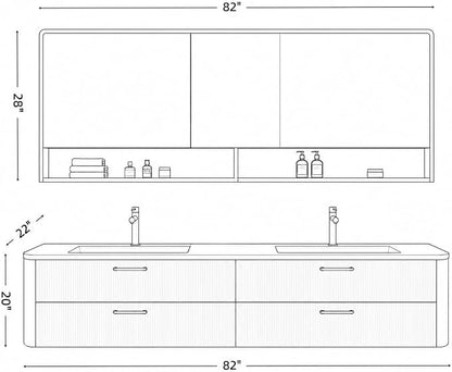 82 in Double Bathroom Vanity with Sinks - Modern Floating Bathroom Vanity with Solid Wood Cabinet, Anti-Fog Mirror and Integrated Stone Sinks | Wall Mounted Design | Ample Storage