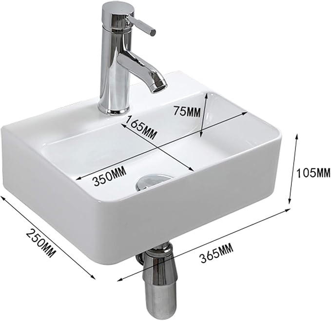 Wall Hung Basin Sink Small Cloakroom Basin Rectangle Ceramic Wash Basin Right Hand (New Sink Set(with Faucet&Drain))