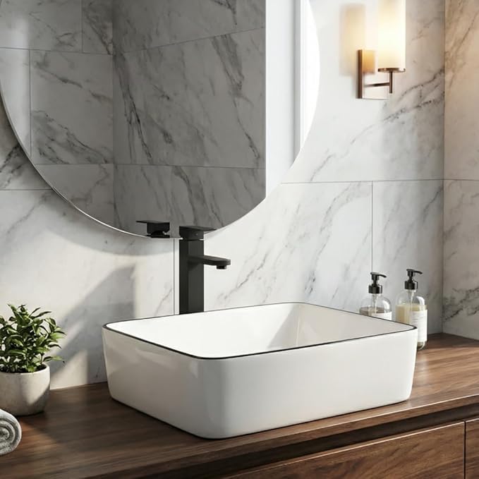 Ceramic Bathroom Sink, White 19" x 15" Above Counter Porcelain Vessel Sink with Black Faucet and Pop up drain Set, Rectangle