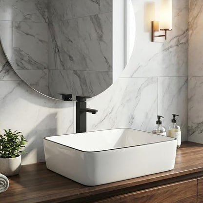 Ceramic Bathroom Sink, White 19" x 15" Above Counter Porcelain Vessel Sink with Black Faucet and Pop up drain Set, Rectangle
