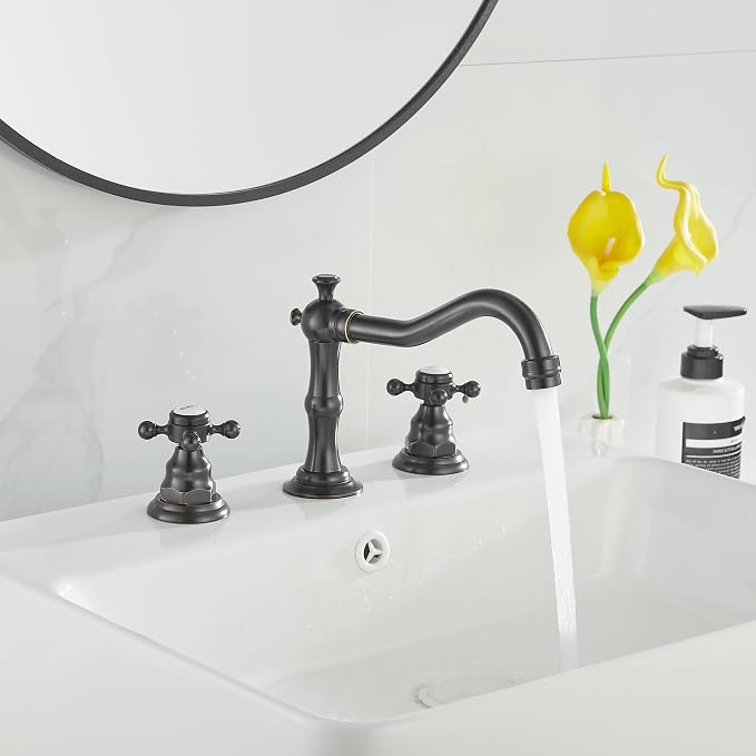 2 Handles 3 Holes Faucet Widespread Bathroom Sink Faucet Oil Rubbed Bronze Basin Tap Mixer Supply Hose Included Matching Pop Up Drain