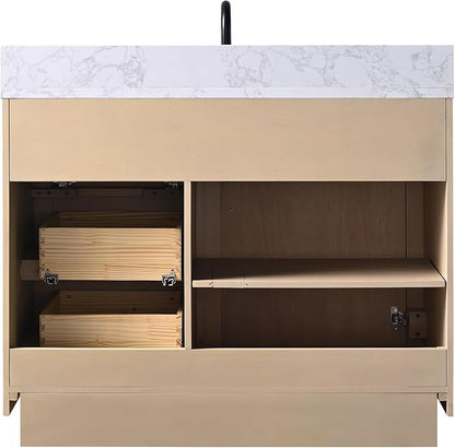 HOMEBEYOND 42 Inch Bathroom Vanity with Single Sink & Ceramic Top, MDF Material Vanity Cabinet with Basin Combo, Soft-Closing Doors, Removable Shelf, Backsplash