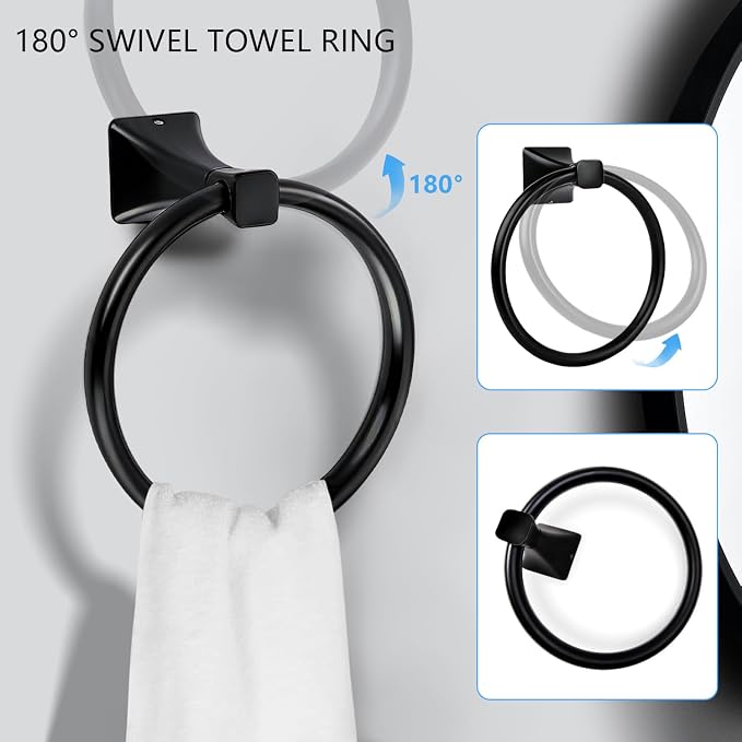 5-Piece Matte Black Bathroom Hardware Set, SUS304 Stainless Steel Wall Mounted Towel Rack Set, 24 Inch Towel Bar, Towel Ring, Toilet Paper Holder, 2 Towel Hooks, Multipurpose Bathroom Accessories