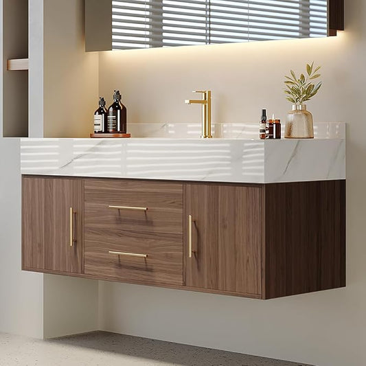 Bathroom Vanity with Sink 39.5" Floating Bathroom Vanity Sintered Stone Modern Bathroom Vanity Set, Walnut (Wall Mounted, Gold Handle)