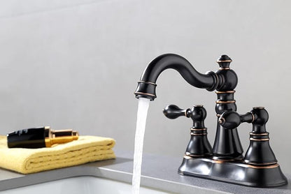 Two Handle Oil Rubbed Bronze Bathroom Sink Faucet 3 Hole with Pop up Drain Assembly, Classic 4 Inch Centerset Bathroom Lavatory Faucet with 360° Swivel Spout,EW-516-NB