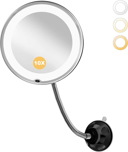 10x Makeup Mirror with Lights, Flexible Magnifying Mirror 3 Light Modes | Wall-Mounted Lighted Vanity Makeup Mirror, Cordless Battery Operated LED Mirror with Suction Cups for Shower Bathroom