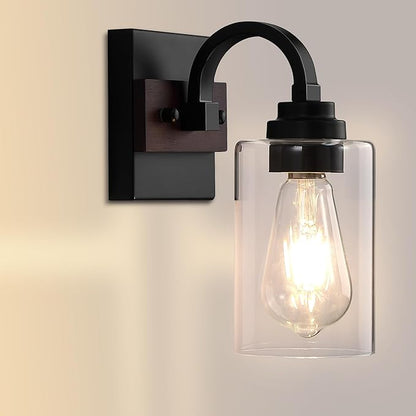 1-Light Black Wall Sconces, Farmhouse Vanity Light Fixtures for Bathroom, Wood Wall Lighting with Clear Glass Shade, Wall Sconce for Hallway, Entryway, Bedroom, Living Room