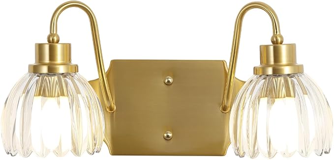 2-Light Bathroom Vanity Light, Gold Vanity Light, Antique Brass Sconces with Tulip Glass Shade, Mid Century Hardwired Wall Sconces for Bedroom, Living Room, Hallway