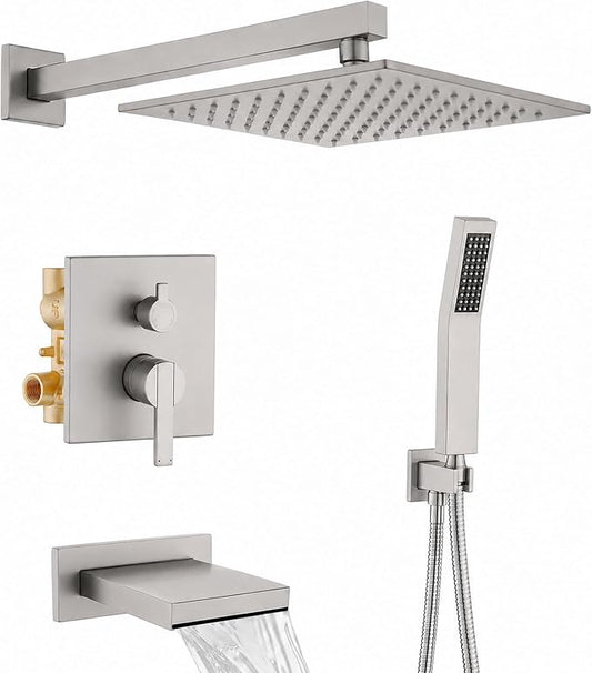 Shower System with Tub Spout, All Metal Bathtub Shower Faucet Set with High Pressure 10 Inch Rain Shower Head and Handheld Shower Head Set, Brushed Nickel (Valve Include)