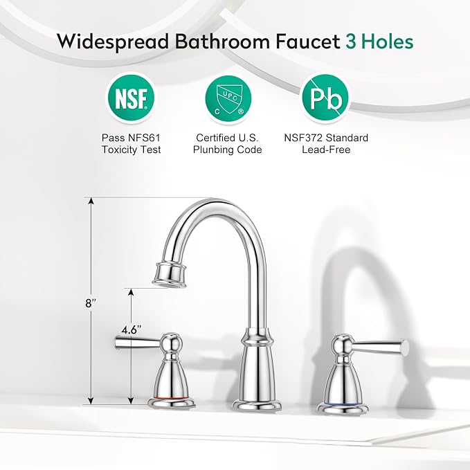 CREA 2 Handles 8 Inch Bathroom Faucet for Sink 3 Hole,360°Swivel Chrome Widespread Bathroom Faucets with Drain,3 Pieces Faucet for Vanity Restroom(cPUC Supply Line)