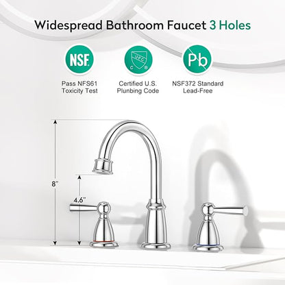 CREA 2 Handles 8 Inch Bathroom Faucet for Sink 3 Hole,360°Swivel Chrome Widespread Bathroom Faucets with Drain,3 Pieces Faucet for Vanity Restroom(cPUC Supply Line)