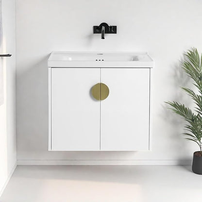 Floating Bathroom Vanity with Sink, 24" Wall-Mounted Vanity with Ceramic Basin & 2 Soft-Close Doors Cabinet, Small Bathroom Storage Cabinet with Metal Semi-Circle Handle, Gloss White