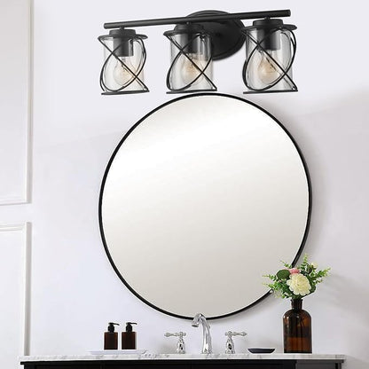 3-Lights Bathroom Vanity Lights, Bathroom Light Fixtures Over Mirror, Matte Black Vanity Light, Farmhouse Wall Lights with Clear Glass Shade, Bathroom Wall Lamp for Mirror Kitchen Bedroom