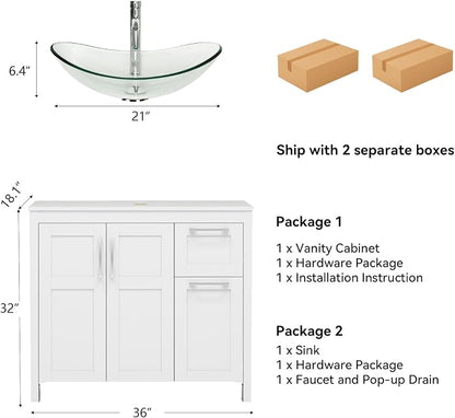 YOURLITE 36 Inches Traditional Bathroom Vanity Set with Single Faucet Hole, Clear Boat Glass Sink, White Finish, 2-Door Cabinet