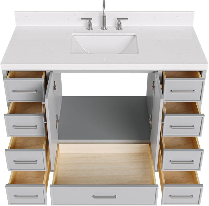 Langford 48-inch Grey Bathroom Vanity with Center Rectangle Single Sink, Carrara White Quartz Countertop & Backsplash, Solid Wood Frame, Soft-Closing & Dovetail Drawers