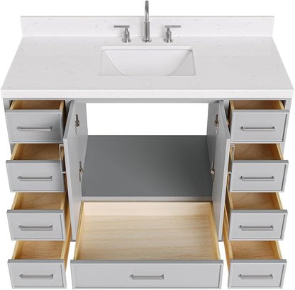 Langford 48-inch Grey Bathroom Vanity with Center Rectangle Single Sink, Carrara White Quartz Countertop & Backsplash, Solid Wood Frame, Soft-Closing & Dovetail Drawers