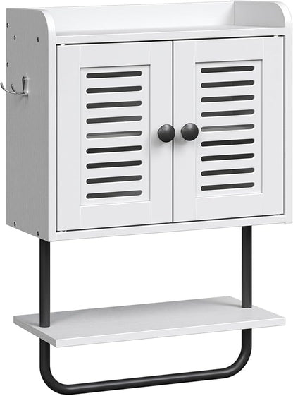 HOOBRO Medicine Cabinet, Double Doors Bathroom Wall Cabinet with Towel Bar, Adjustable Shelf, 2 Hooks, Over The Toilet Storage Cabinet, for Bedroom, Kitchen, White BW46CW01