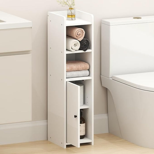 Furinno Fulda Bathroom Storage Cabinet, 5-Tier Bathroom Cabinet, Narrow Cabinet with Door and Adjustable Shelves, 32H, for Small Spaces, Bathroom, Living Room, Entryway, White