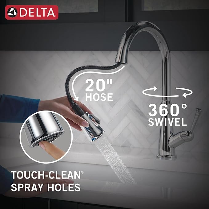 Delta Westville Chrome Kitchen Faucet with Pull Down Sprayer, Contemporary Single Hole Kitchen Sink Faucet, Single Handle, Chrome 9110-DST