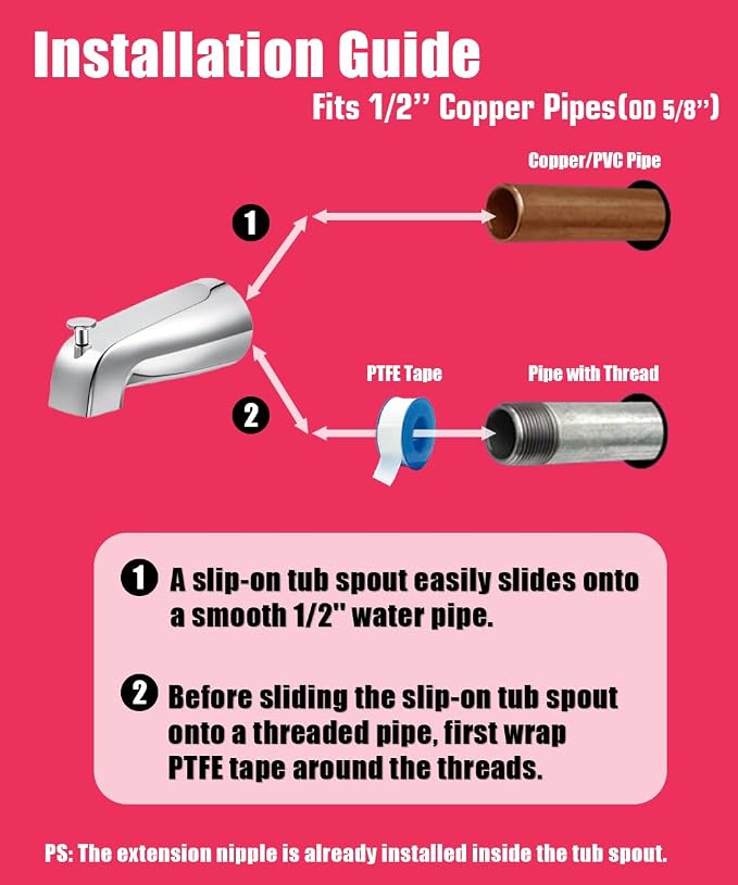 Tub Spout with Diverter, Slip On Bathtub Spout Fits 1/2'' Copper Tube(5/8'' Dia), Bathroom Tub Faucet with PTFE Tape & Hex Wrench, Chrome
