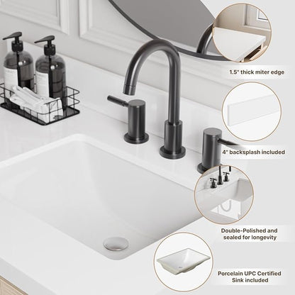 ARIEL 49 inch Bathroom Vanity top with Sink, 1.5 Inch Thick Miter Edge White Quartz top, Rectangle Single Porcelain Sink, Includes Backsplash