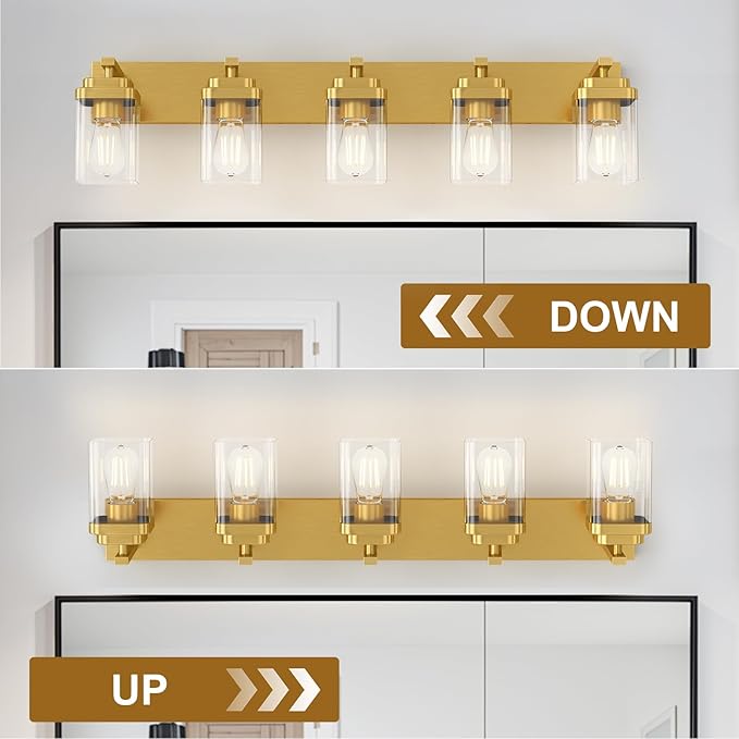 Brushed Gold Bathroom Light Fixtures, 5 Lights Bathroom Lighting Fixtures Over Mirror, Square Design & Rectangle Large Backplate, Modern Vanity Lighting Fixtures, for Living Room/Bedroom