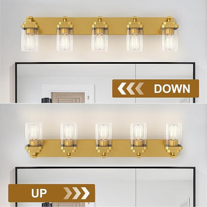 Brushed Gold Bathroom Light Fixtures, 5 Lights Bathroom Lighting Fixtures Over Mirror, Square Design & Rectangle Large Backplate, Modern Vanity Lighting Fixtures, for Living Room/Bedroom