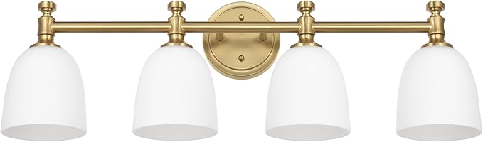 Gold Bathroom Vanity Light, 4-Light Bathroom Light Fixtures Over Mirror, Traditional Vanity Lights for Living Room, Milk White Bell Glass Shades, Standard E26 Base, Aged Brass