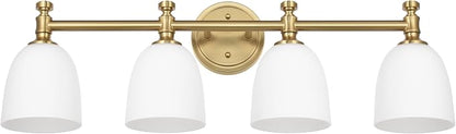 Gold Bathroom Vanity Light, 4-Light Bathroom Light Fixtures Over Mirror, Traditional Vanity Lights for Living Room, Milk White Bell Glass Shades, Standard E26 Base, Aged Brass
