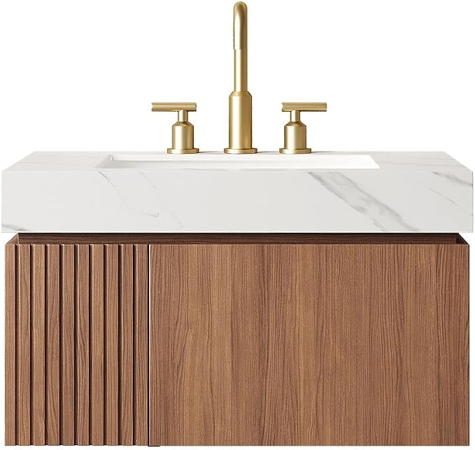 KEIKI 30 Inch Floating Bathroom Vanity with Sink, Brown Oak & White | Modern Wall Mounted Storage Cabinet w/ Drawer & Door, Pre-assembled Wood Panels, Sintered Stone Top & Ceramic Basin Combo Set