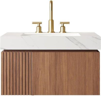 KEIKI 30 Inch Floating Bathroom Vanity with Sink, Brown Oak & White | Modern Wall Mounted Storage Cabinet w/ Drawer & Door, Pre-assembled Wood Panels, Sintered Stone Top & Ceramic Basin Combo Set