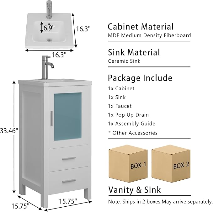 wonline 16" Bathroom Vanity Set, Single Small Bathroom Cabinet with Ceramic Sink, Modern White Cabinet Vanity with Faucet & Pop Up Drain