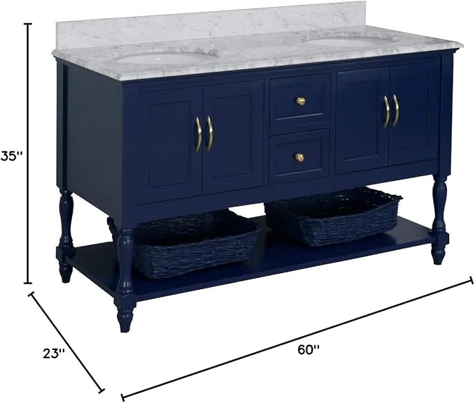 Beverly 60-inch Double Bathroom Vanity (Carrara/Royal Blue): Includes Royal Blue Cabinet with Authentic Italian Carrara Marble Countertop and White Ceramic Sinks