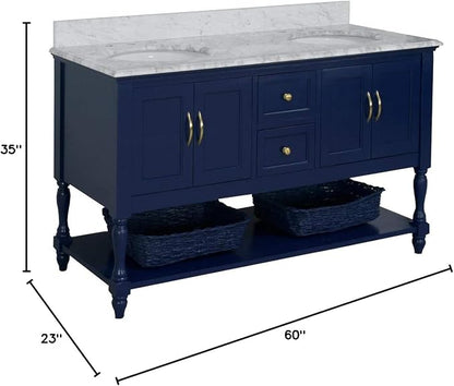 Beverly 60-inch Double Bathroom Vanity (Carrara/Royal Blue): Includes Royal Blue Cabinet with Authentic Italian Carrara Marble Countertop and White Ceramic Sinks