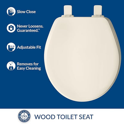 Bemis Ashland Modern Wood Toilet Seat with Decorative Edge, Slow Close, Secure Hinges, Made in USA, Round, Biscuit