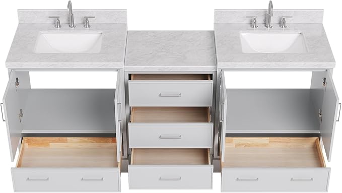 ARIEL Stafford 84-inch Bathroom Vanity with Sink,Solid Wood, 1.5in Italian Carrara Marble Countertop & Backsplash, Double Rectangular Porcelain Sink, 4 Soft Closing Doors, 5 Dovetail Drawers, Grey