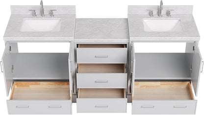 ARIEL Stafford 84-inch Bathroom Vanity with Sink,Solid Wood, 1.5in Italian Carrara Marble Countertop & Backsplash, Double Rectangular Porcelain Sink, 4 Soft Closing Doors, 5 Dovetail Drawers, Grey