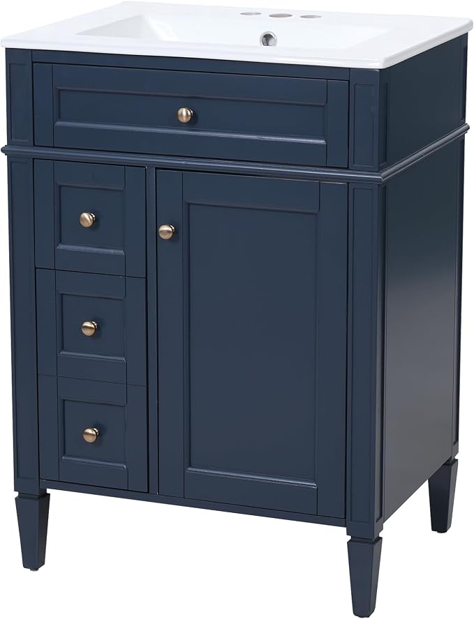 Merax 24 Inch Bathroom Vanity with Ceramic Sink, Solid Wood Frame Modern Bathroom Sink Storage Cabinet with 2 Drawers and a Tip-Out Drawer, Single Sink Bathroom Vanities, Navy Blue