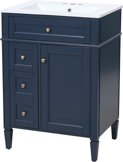 Merax 24 Inch Bathroom Vanity with Ceramic Sink, Solid Wood Frame Modern Bathroom Sink Storage Cabinet with 2 Drawers and a Tip-Out Drawer, Single Sink Bathroom Vanities, Navy Blue