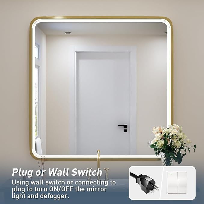 36X36 Inch LED Gold Frame Bathroom Mirror, ETL Listed | Anti-Fog,3 Color 3000K/4500K/6000K Dimmable,Horizontal & Vertical,Wall Mounted,Memory Function