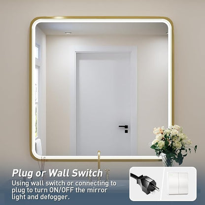 36X36 Inch LED Gold Frame Bathroom Mirror, ETL Listed | Anti-Fog,3 Color 3000K/4500K/6000K Dimmable,Horizontal & Vertical,Wall Mounted,Memory Function