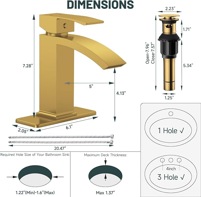 Brushed Gold Waterfall Bathroom Faucet for 1 or 3 Holes, Brass | Single Handle Bathroom Sink Faucets for Lavatory Commercial Vanity, Basin Taps with Deck Plate, Pop Up Drain and Supply Line