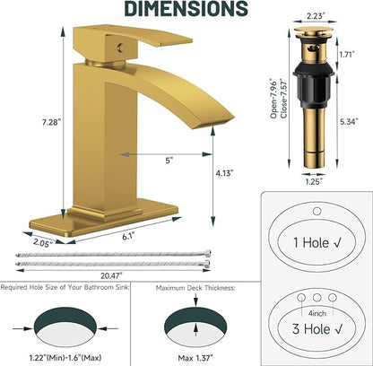 Brushed Gold Waterfall Bathroom Faucet for 1 or 3 Holes, Brass | Single Handle Bathroom Sink Faucets for Lavatory Commercial Vanity, Basin Taps with Deck Plate, Pop Up Drain and Supply Line