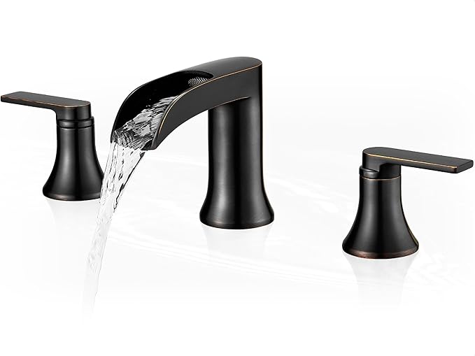 Oil Rubbed Bronze Waterfall Bathroom Faucet 2 Handle, 8 Inch Widespread Bathroom Sink Faucet 3 Hole with Supply Lines, Brass Material for Vanity, Lavatory, Restroom, Farmhouse, NO Pop-up Drain