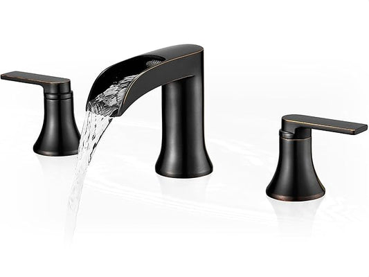 Oil Rubbed Bronze Waterfall Bathroom Faucet 2 Handle, 8 Inch Widespread Bathroom Sink Faucet 3 Hole with Supply Lines, Brass Material for Vanity, Lavatory, Restroom, Farmhouse, NO Pop-up Drain