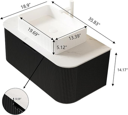 Yayzy 36" Floating Bathroom Vanity with Sink, Solid Wood Fluted Cabinet, White Fluted Square Ceramic Basin & Faux Marble Top, Soft-Close Drawer, Pre-Assembled, Gloss Black