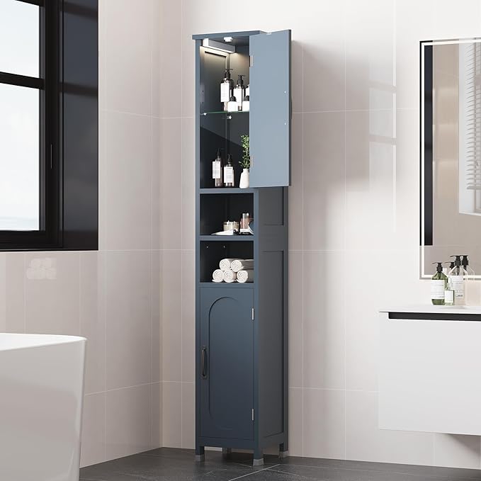 67" Tall Bathroom Storage Cabinet with Lights, Slim Narrow Bathroom Cabinet Organizer with Doors and Adjustable Shelves, Tall Cabinet for Small Space (66.9" Tall-Blue with Light)