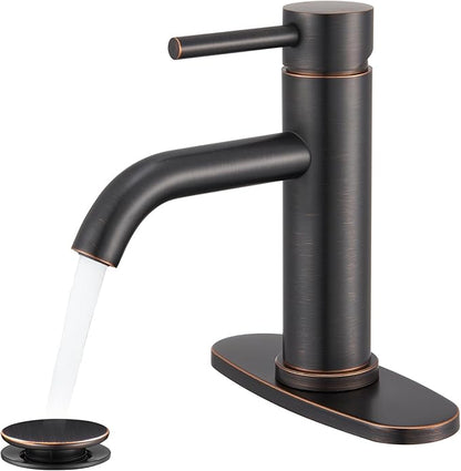 Oil Rubbed Bronze Bathroom Faucet, WINKEAR Single Hole Faucet with Pop-up Drain and Flexible Hoses, Single Handle Faucet for Bathroom Sink, Vanity, RV, Modern Farmhouse, Suitable for 1 Hole or 3 Hole