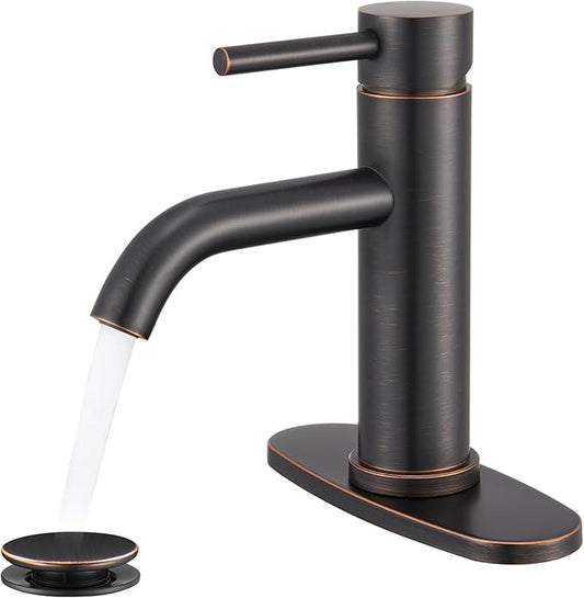 Oil Rubbed Bronze Bathroom Faucet, WINKEAR Single Hole Faucet with Pop-up Drain and Flexible Hoses, Single Handle Faucet for Bathroom Sink, Vanity, RV, Modern Farmhouse, Suitable for 1 Hole or 3 Hole